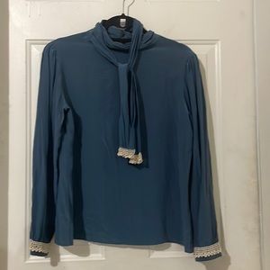 Vintage silk blouse, blue with lace . Size 12